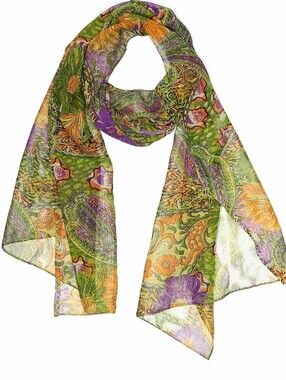 Lightweight Green Paisley & Floral Scarf with Purple Accents
